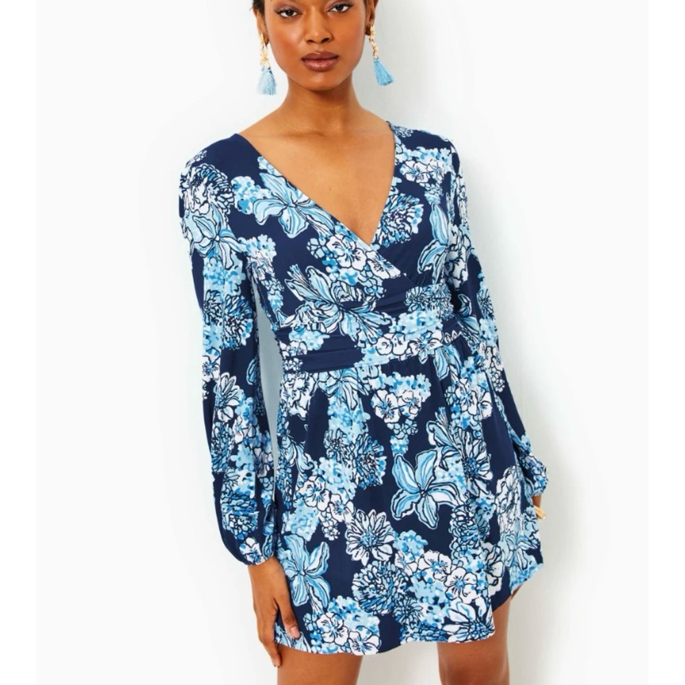 Lilly Pulitzer Riza Long Sleeve Romper Low Tide Navy Bouquet All Day